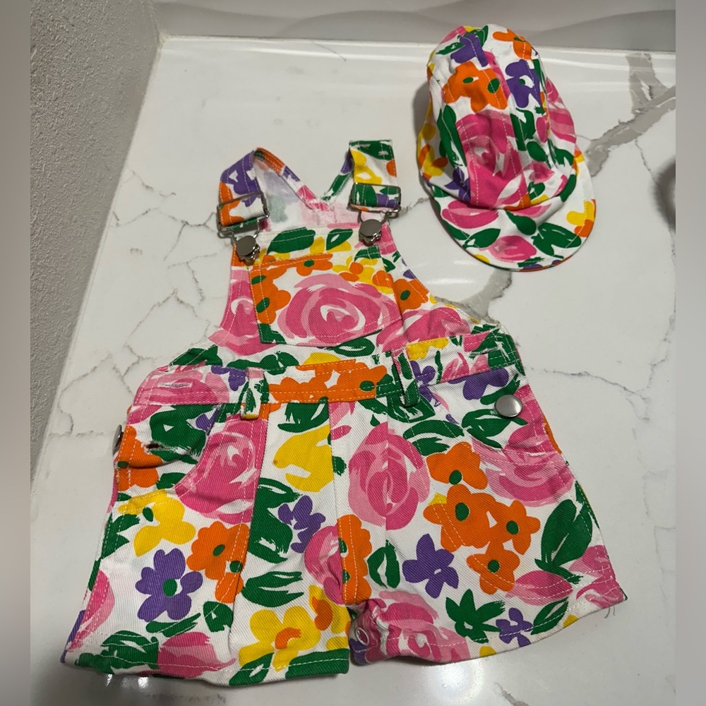 Vtg 1990s Lightning Bug  Bright Floral  Bib Shortalls Size 12 M W/Hat Baby Core